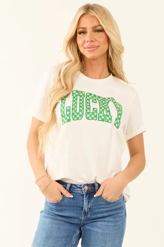 White Checkered 'Lucky' Graphic Short Sleeve Top - Kentce