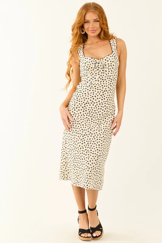 Cream Floral Print Bustier Top Sleeveless Midi Dress - LE LIS