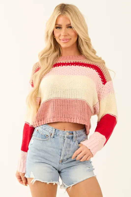 Carnation Striped Long Sleeve Cropped Sweater - So Me