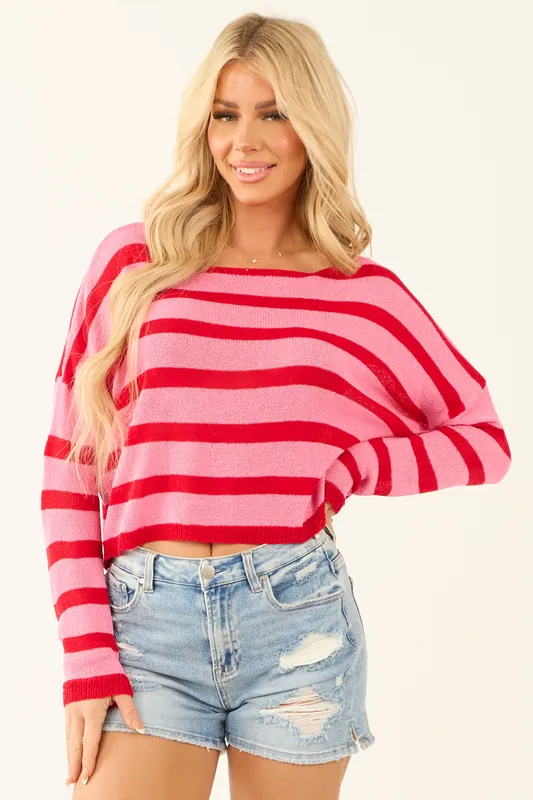 Bubblegum and Lipstick Striped Boatneck Sweater - So Me