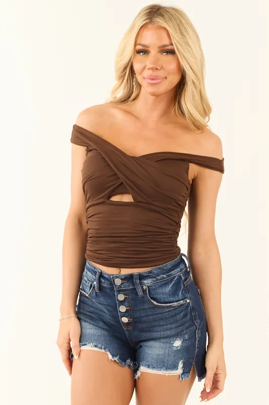 Coffee Off the Shoulder Ruched Cut Out Knit Top - Blue Blush