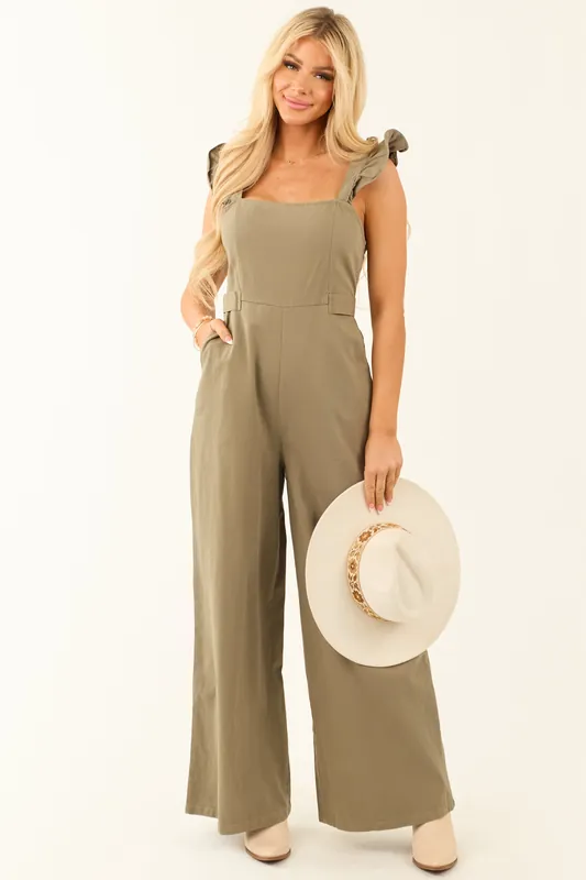 Olive Sleeveless Ruffle Strap Wide Leg Jumpsuit - Baby Pink