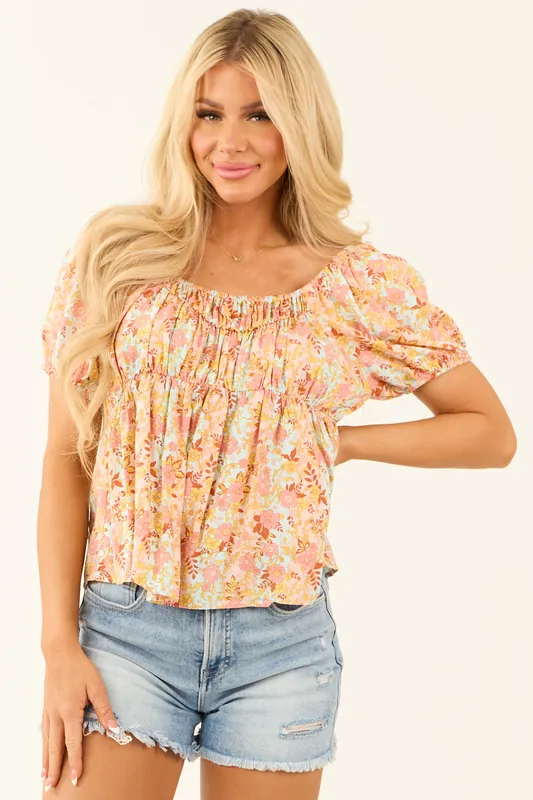 Arctic Blue Floral Print Puff Sleeve Babydoll Top - Kori America