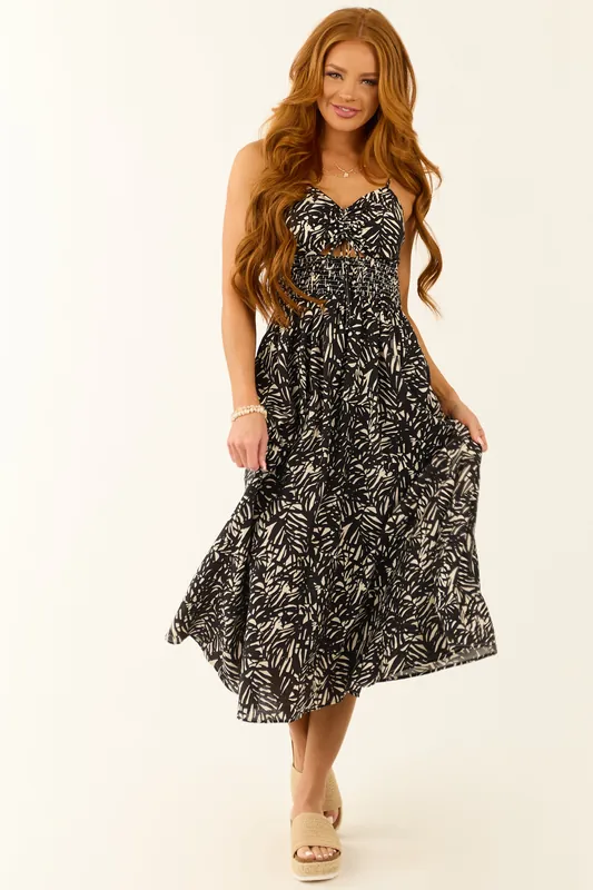 Black Abstract Leaf Print Ruched Midi Dress - IDEM DITTO