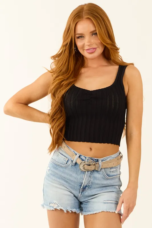 Black Pointelle Knit Cropped Tank Top - ANGIE