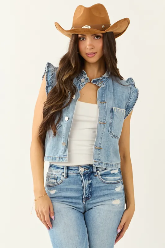 Medium Wash Denim Ruffle Button Down Vest - eesome