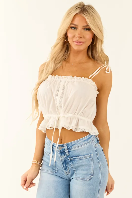 Off White Cotton Voile Spaghetti Strap Ruffle Tank Top - eesome