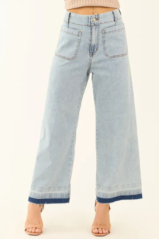 Light Mineral Wash Denim Ombre Hem Patch Pocket Jeans - eesome
