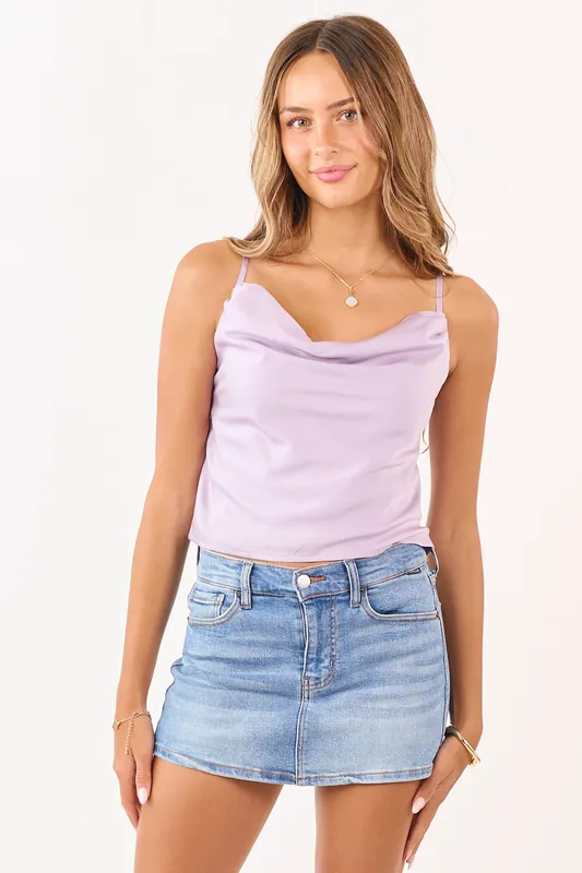 Light Lavender Cowl Neckline Sleeveless Satin Top - eesome