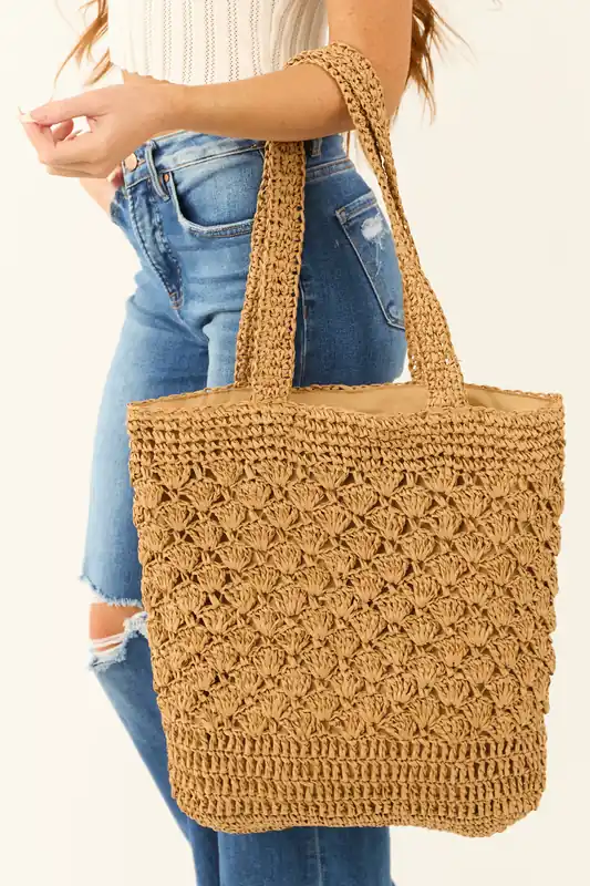 Brown Sugar Braided Woven Deep Tote Bag - Fame Accessories