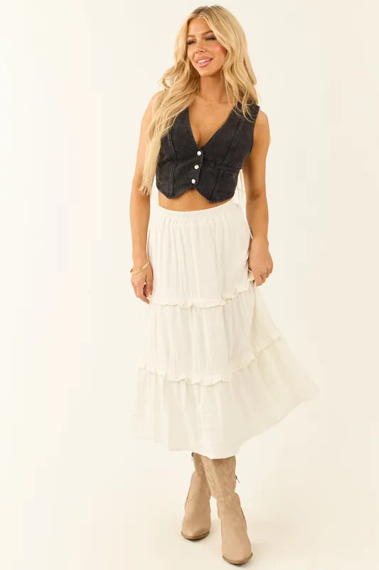 Ivory Tiered Frill Smocked Waist Midi Skirt - Hayden