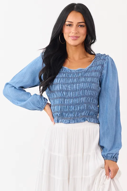 Medium Wash Denim Smocked Long Sleeve Blouse - Hayden
