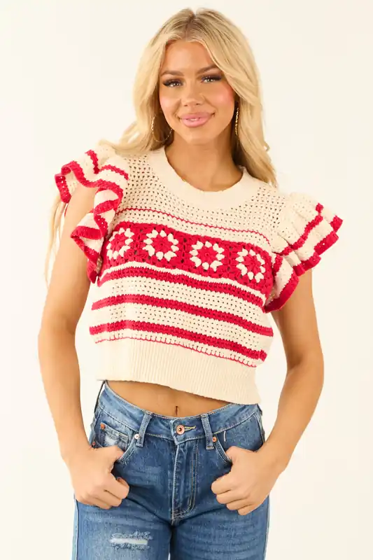 Lipstick Ruffle Short Sleeve Crochet Knit Sweater Top - Day + Moon