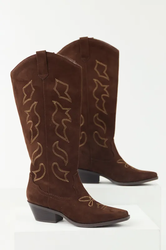 Cocoa Faux Suede Western Embroidered Boots - FORTUNE DYNAMIC