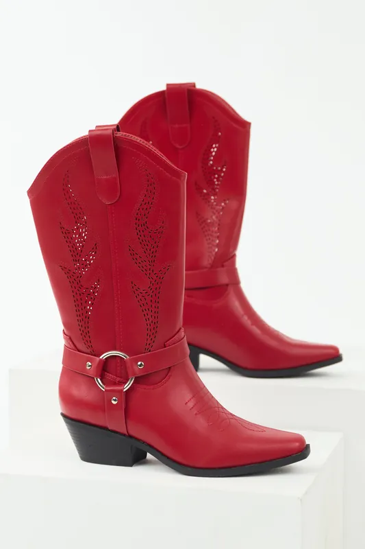 Cherry Embroidered Riding Strap Heeled Boots - FORTUNE DYNAMIC