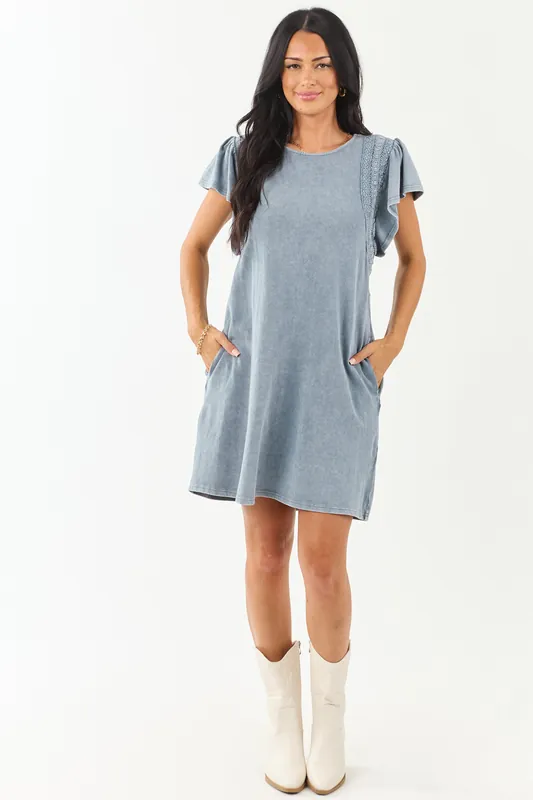 Slate Blue Washed Lace Detail Ruffle Mini Dress - Easel