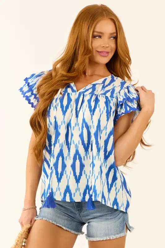 Flying Tomato Cobalt Abstract Ruffle Sleeve Blouse