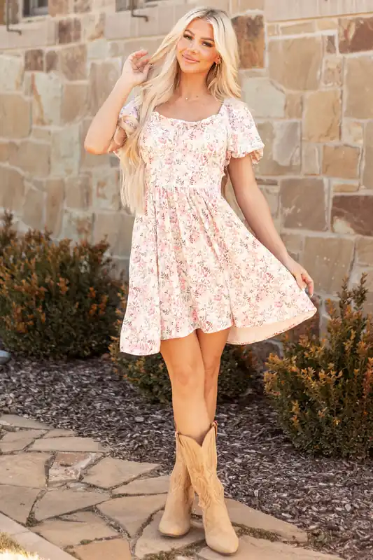 Coconut Floral Print Sweetheart Neckline Short Dress - Kori America