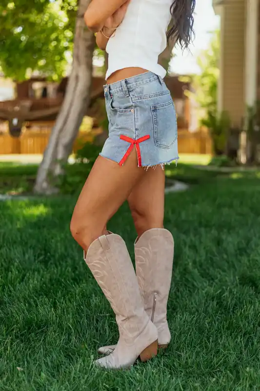 Medium Wash High Rise Side Ribbon Denim Shorts - eesome