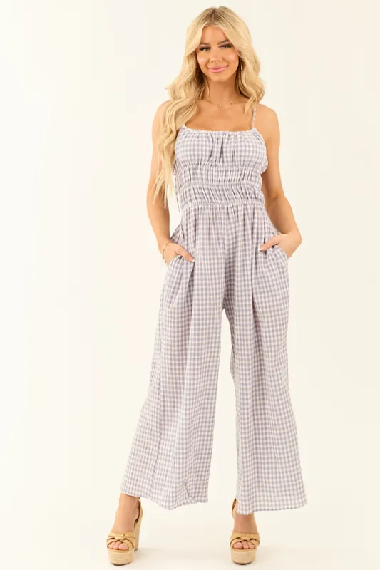 Slate Blue Gingham Ribbon Tie Sleeveless Jumpsuit - eesome