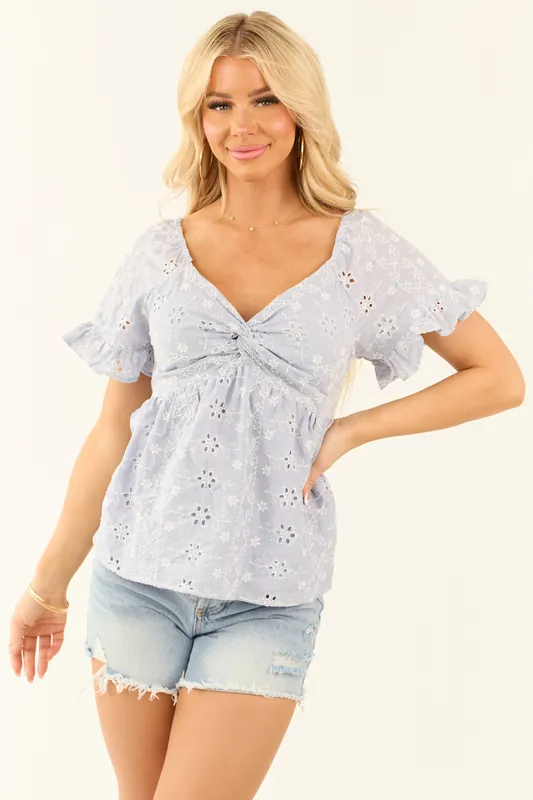 Periwinkle Flutter Sleeve Floral Stitch Lace Blouse - ANGIE