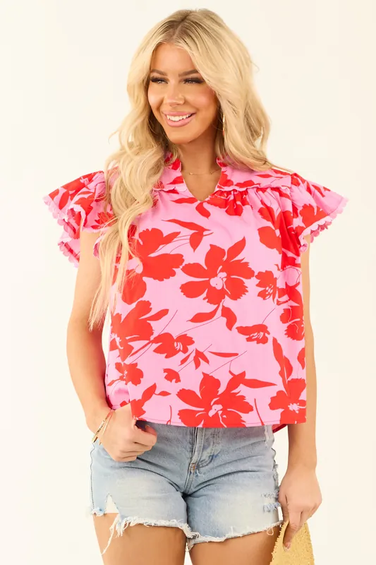 Bubblegum Floral Crochet Lace Trim Short Sleeve Top - Strut & Bolt