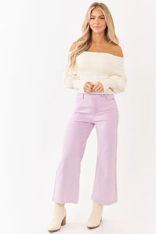 Mauve High Rise Pearl Embellished Wide Leg Jeans - entro