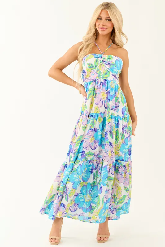 Baby Blue Floral Print Halter Neck Maxi Dress - entro