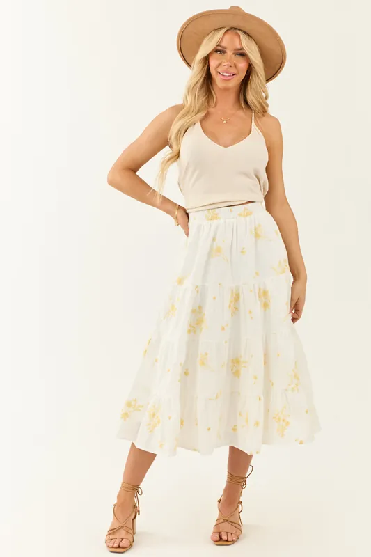 Off White Floral Embroidered Tiered Midi Skirt - Hayden
