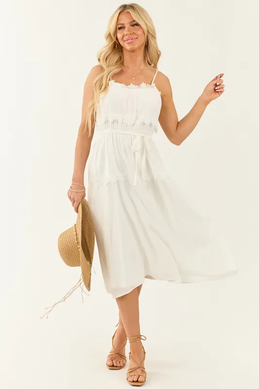 Ivory Sleeveless Lace Trim Waist Tie Midi Dress - Hayden