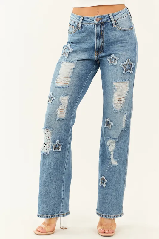 Saige Medium Wash Distressed Star Patch Straight Jeans - Saige Denim