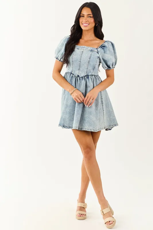 Medium Wash Denim Puff Sleeve Square Neck Mini Dress - GeeGee
