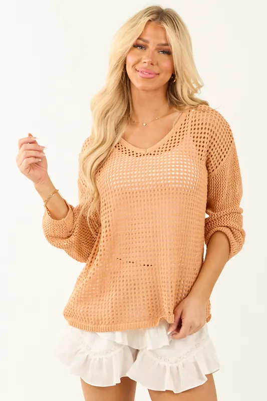 Deep Melon Open Crochet V Neck Long Sleeve Sweater - Sew In Love