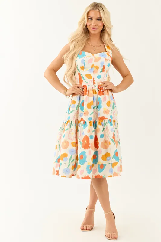Cream Colorful Floral Print Sleeveless Midi Dress - Fore Collection