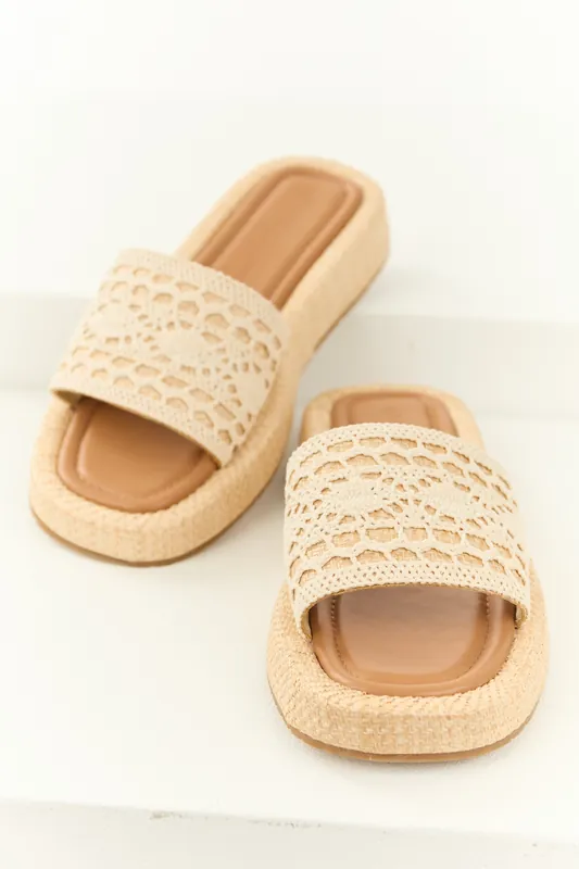 Vanilla Crochet Strap Raffia Platform Slip On Sandals - Legend Footwear
