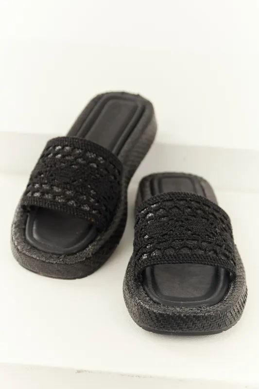 Black Crochet Strap Raffia Platform Slip On Sandals - Legend Footwear