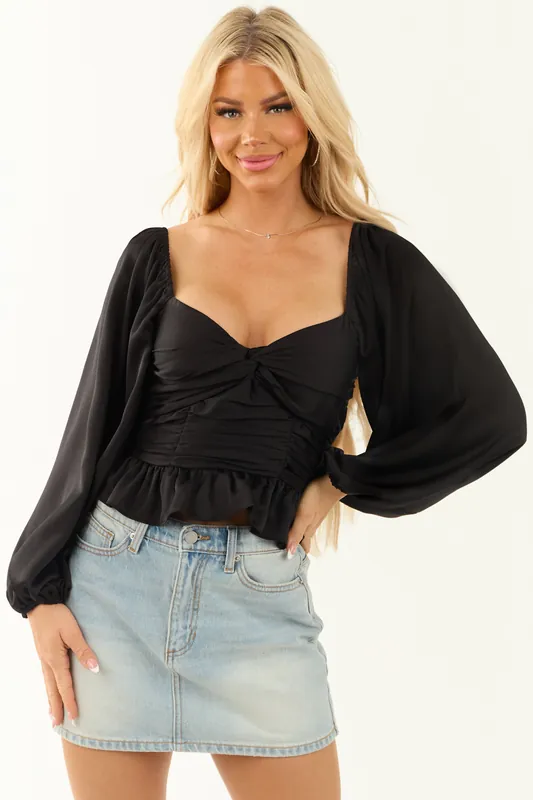 Black Satin Long Sleeve Peplum Top Twist Blouse - entro