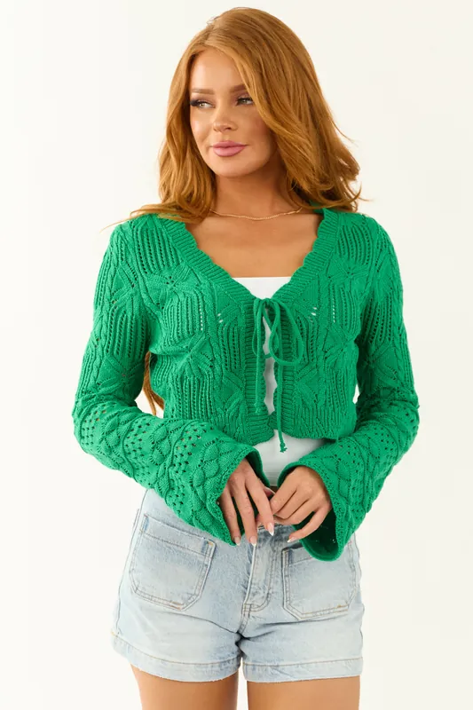 Bright Jade Scalloped Trim Crochet Knit Cardigan - entro