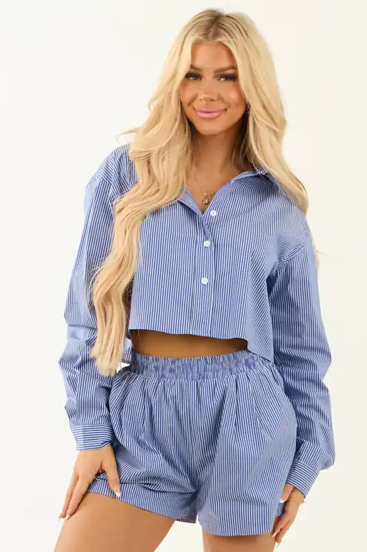 Cornflower and White Striped Cropped Button Up Top - Klesis