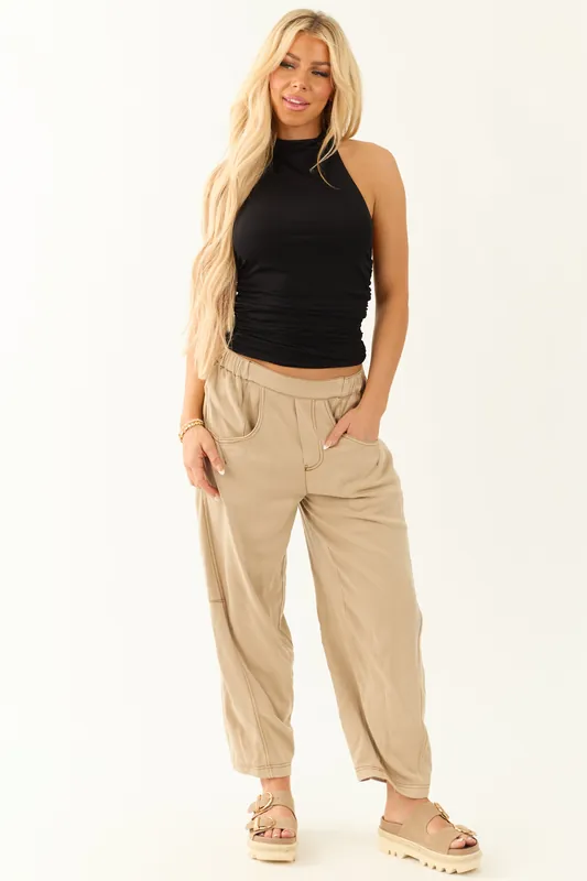 Sand Vintage Washed Soft Lightweight Barrel Pants - So Me