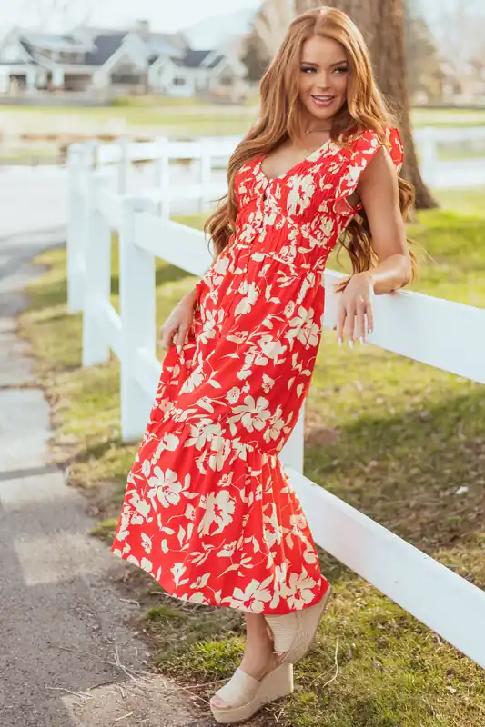 Lipstick V Neck Floral Print Button Down Midi Dress - Umgee