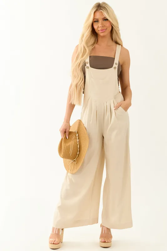 Champagne Linen Blend Wide Leg Overalls Jumpsuit - Risen