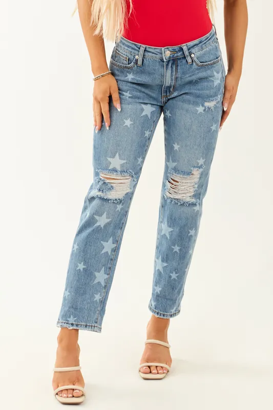 Saige Medium Wash Star Print Cuffed Boyfriend Jeans - Saige Denim