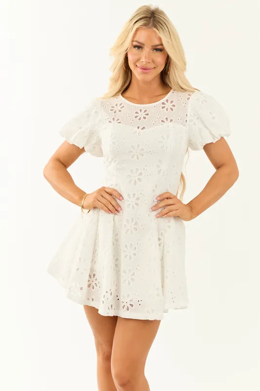 Ivory Short Puff Sleeve Eyelet Lace Mini Dress - eesome