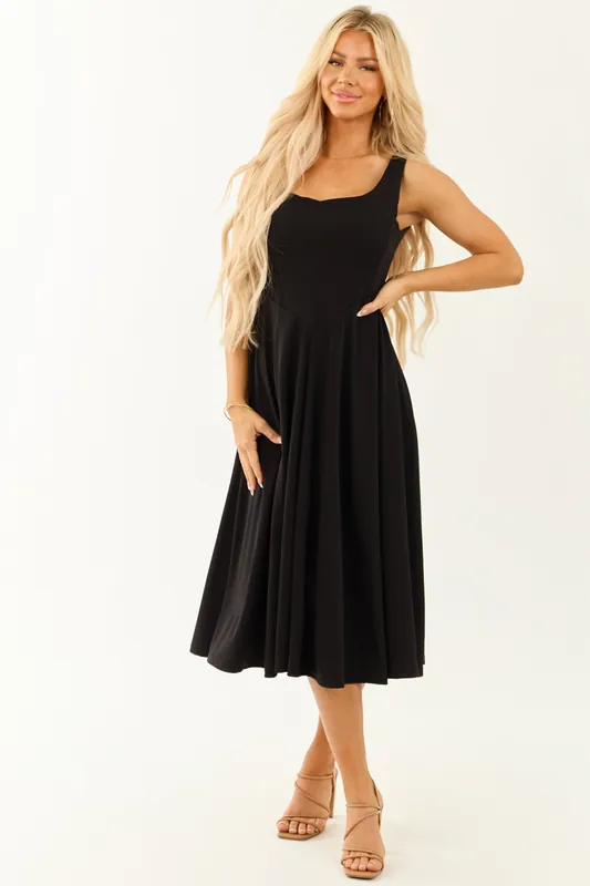 Black Square Neckline Sleeveless Midi Dress - De Vave