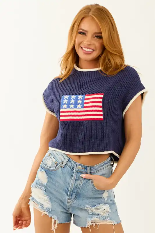 Navy American Flag Graphic Boxy Sweater Top - Day + Moon