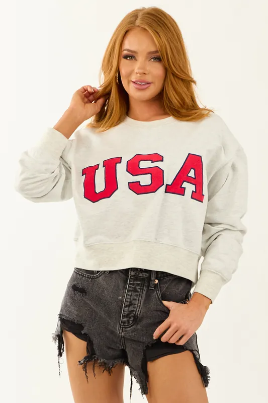 Pewter Grey 'USA' Graphic Cropped Sweatshirt - Day + Moon