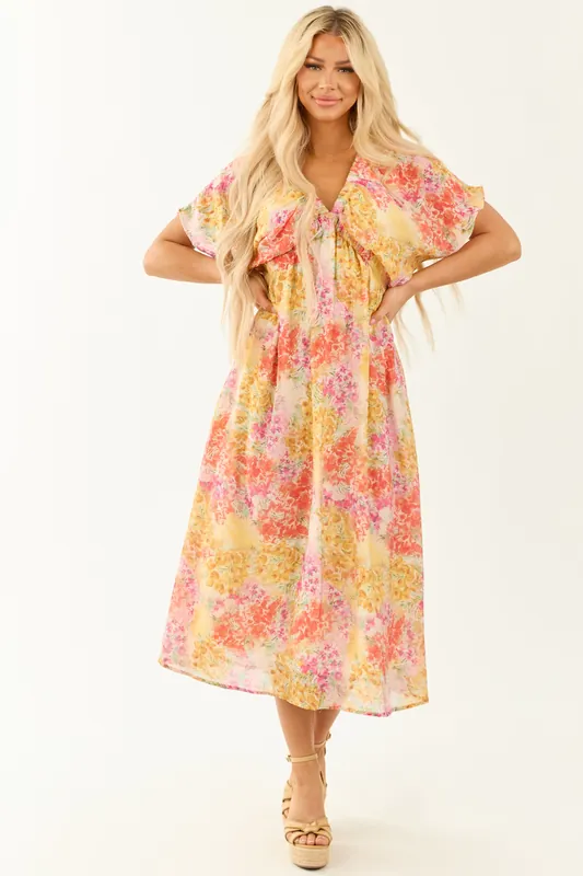 Ivory Floral Print V Neck Short Sleeve Midi Dress - Hayden
