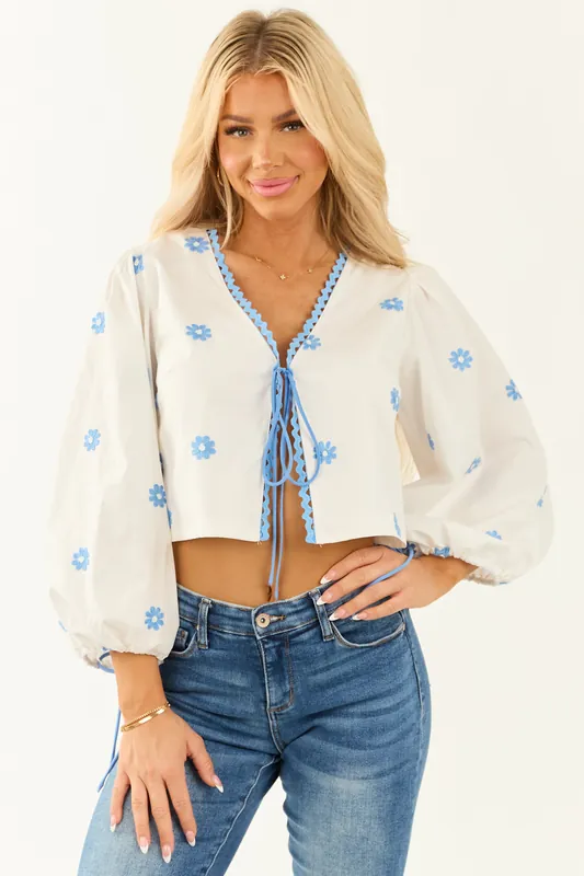 Off White Front Tie Long Sleeve Embroidered Blouse - Fore Collection