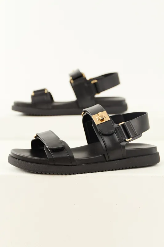Black Pleather Open Toed Velcro Strap Sandals - FORTUNE DYNAMIC